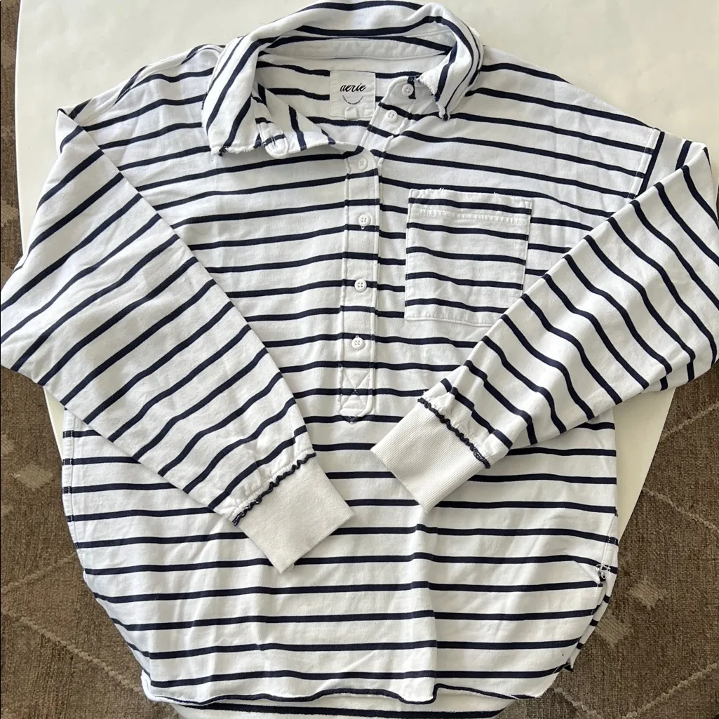 Aerie Take It Easy Sporty Popover Polo Sweatshirt White & Navy Stripe XS - Image 3