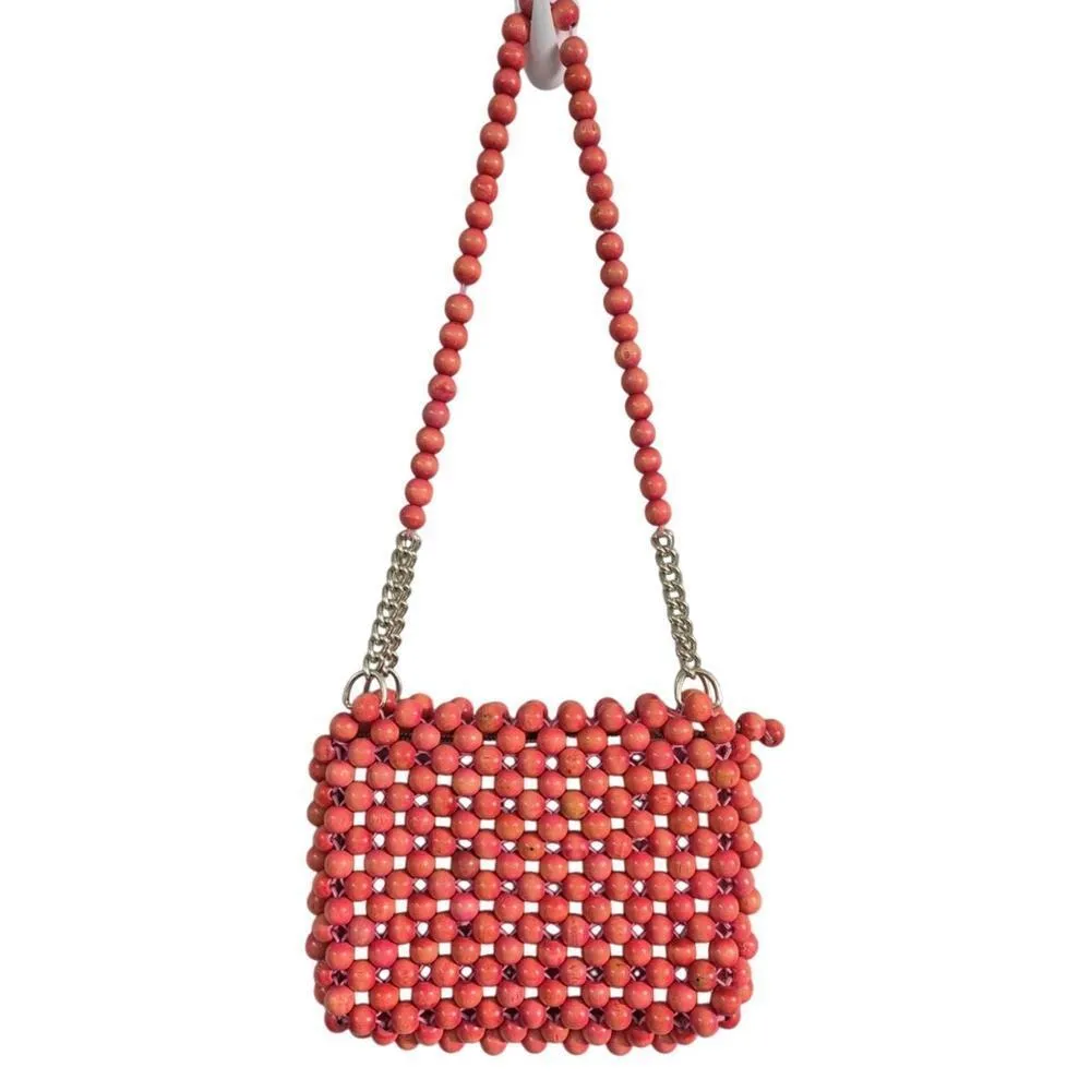 VTG 60s Wooden Bead Shoulder Purse Red/Coral Silver Chain Zipper Pink Interior Red - Image 2