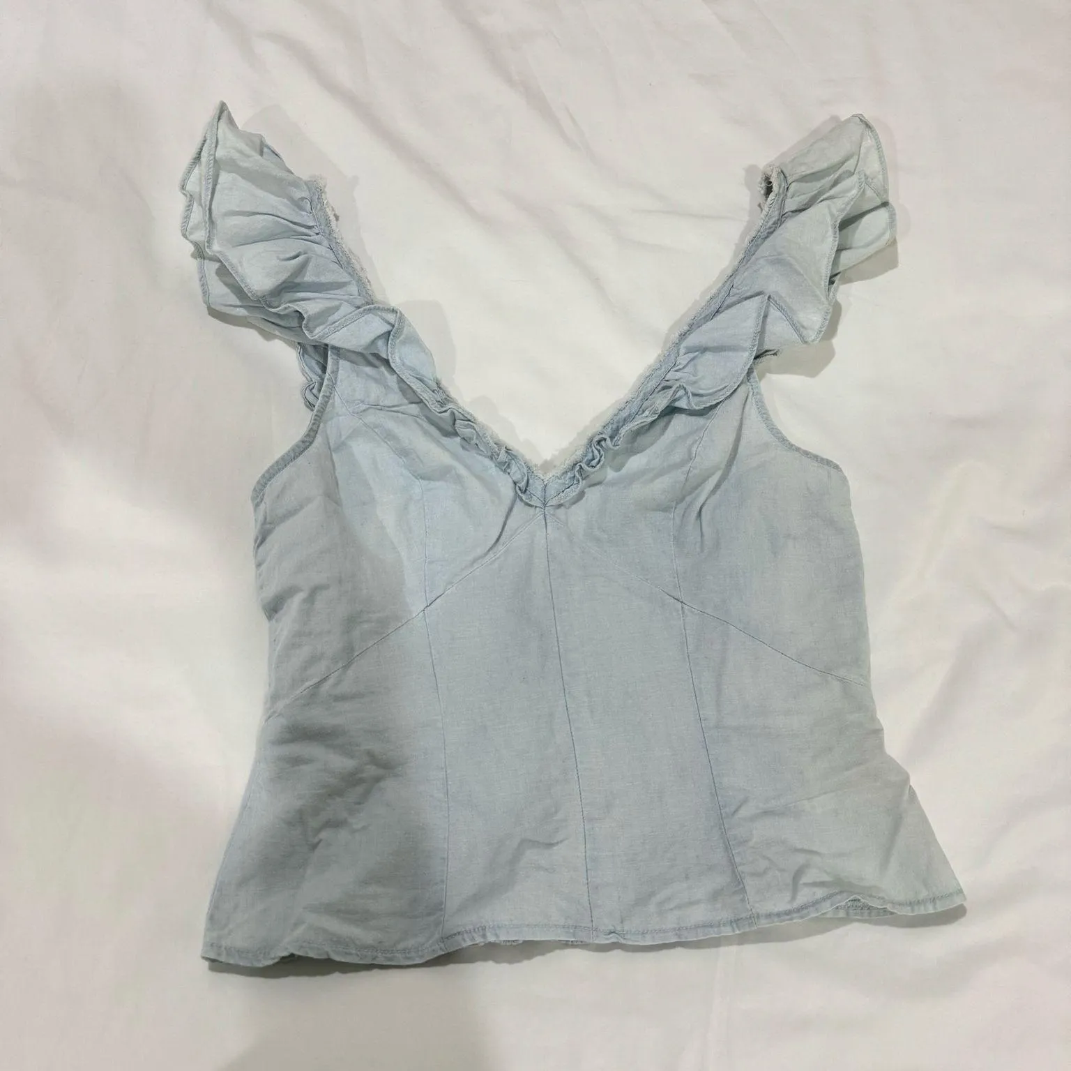 Free People Winona Denim Chambray Ruffle Sleeveless Tank Top- Size Small - Image 4