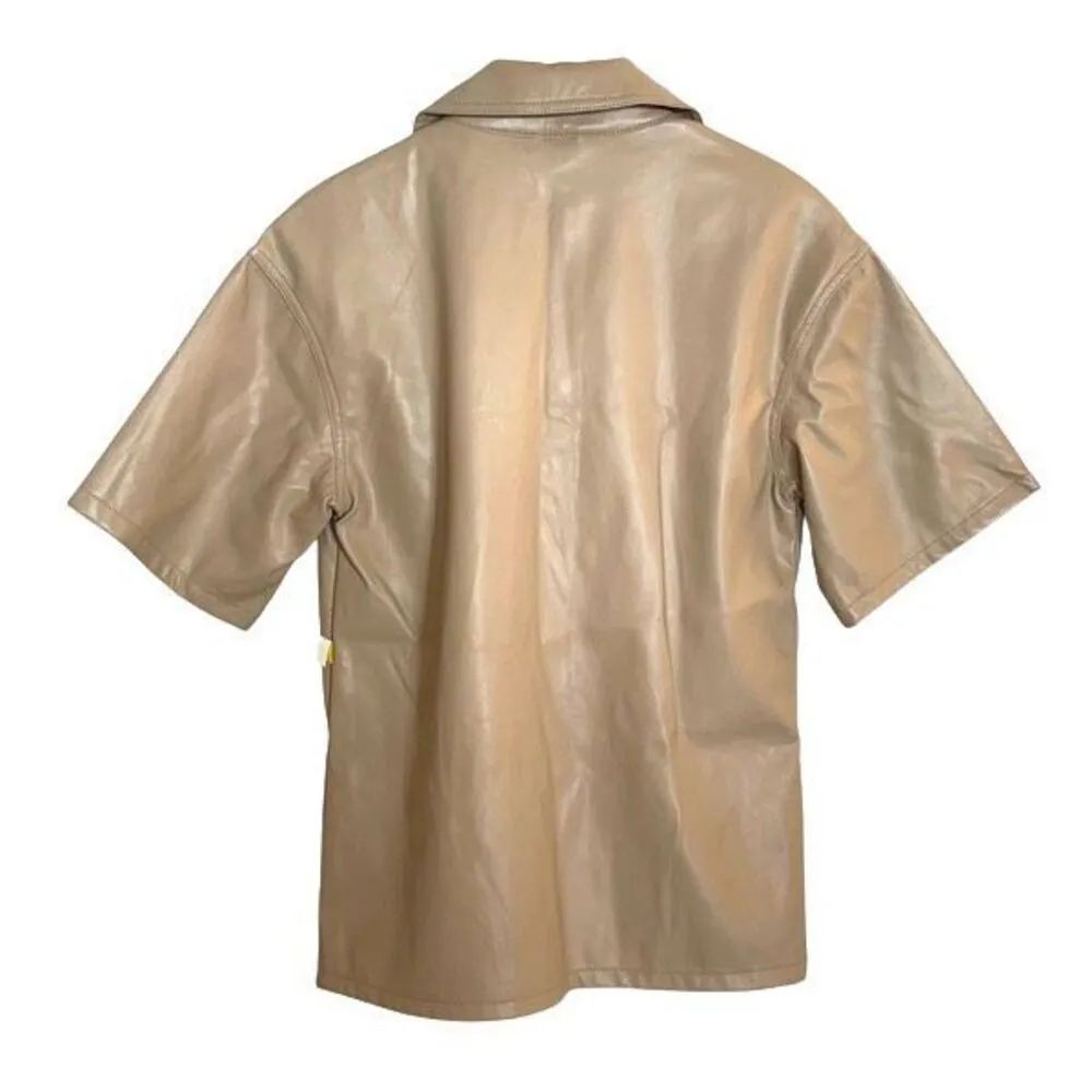 Topshop Womens Short Sleeve Faux Leather Oversized Button-up Shirt Tan Beige 4 N - Image 4