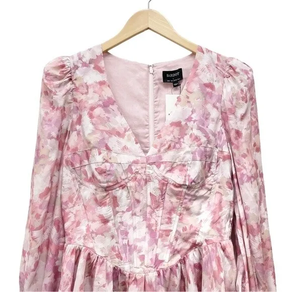 NWT Bardot Zelina Long Sleeve Mini Dress Corset Bodice Pink Floral Size 4 NEW - Image 7