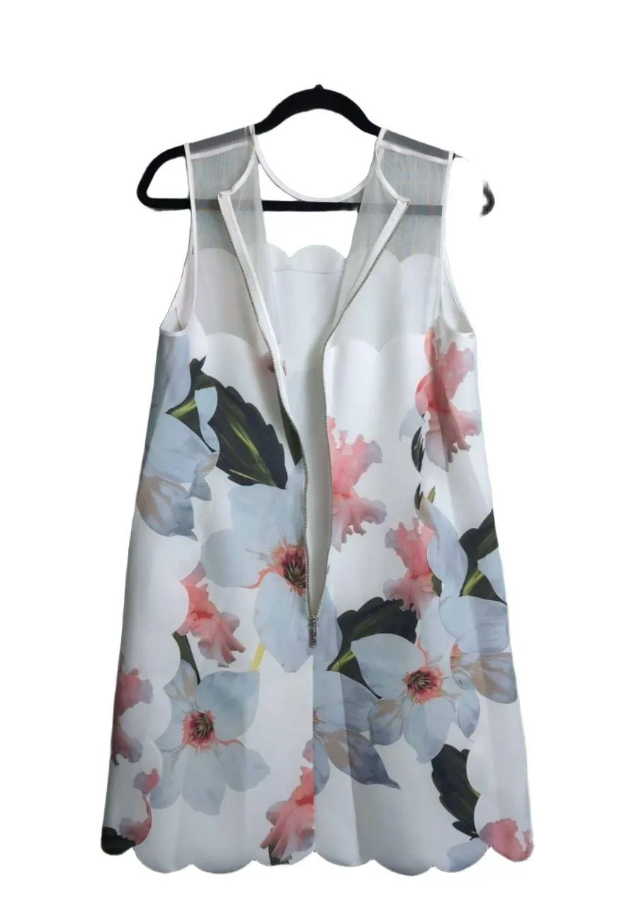 TED BAKER Caprila Bloom Scalloped Dress White Pink Blue Floral A Line Shift 4 (U - Image 5