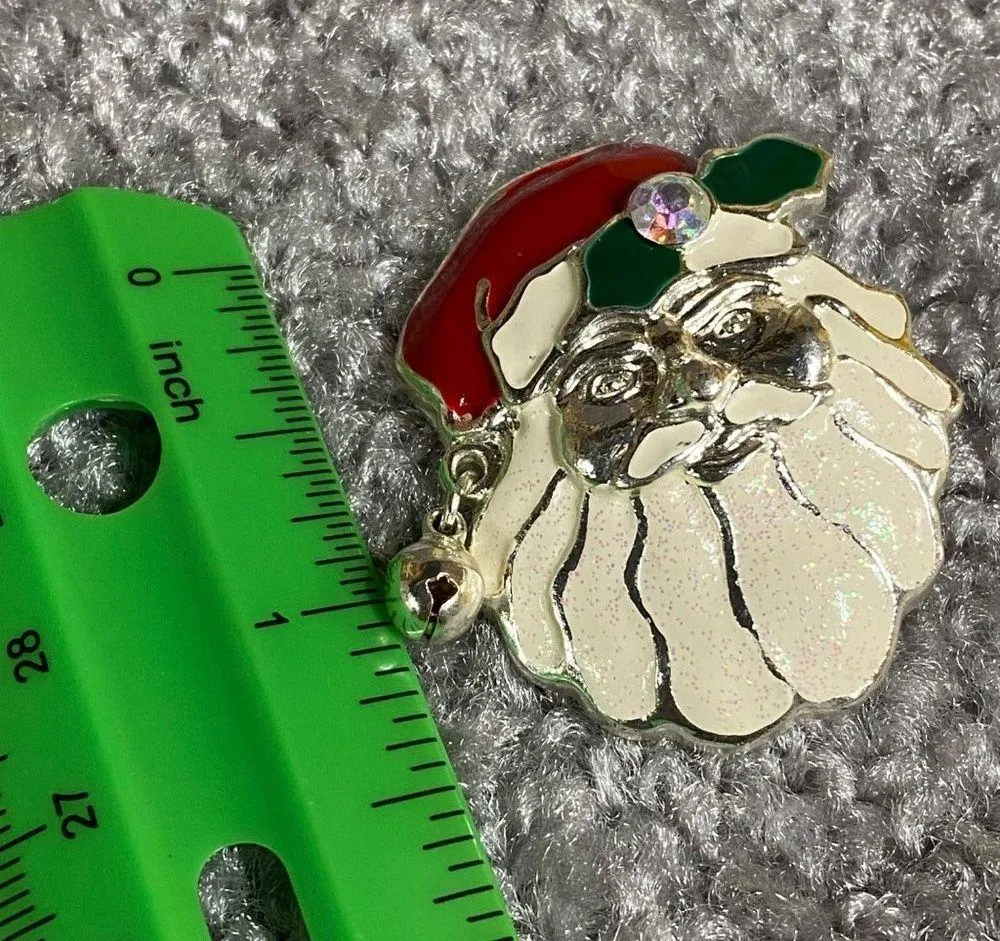 Santa Clause Christmas Pin Brooch Red Hat with Dangle Crystal Glass Accent - Image 6