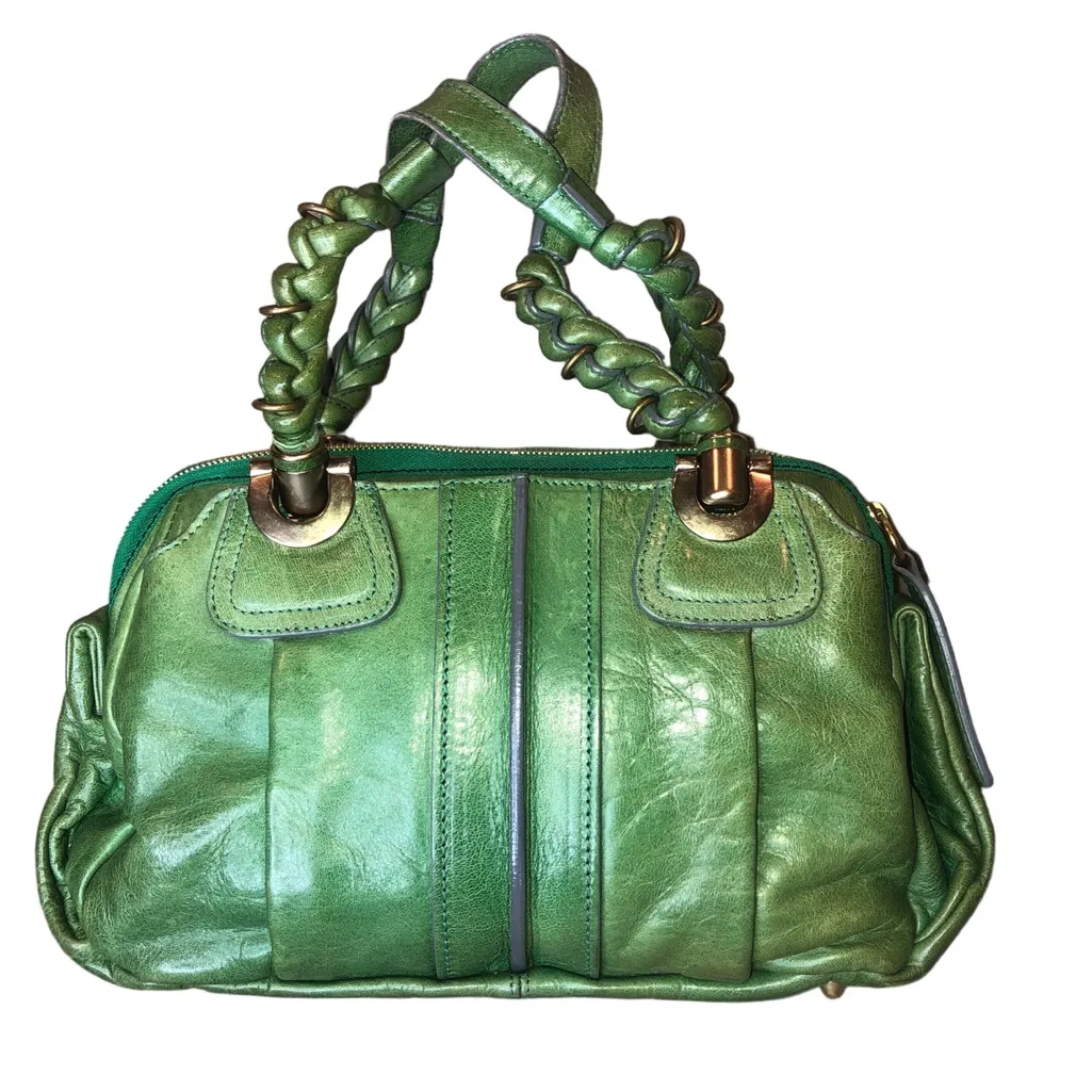 CHLOE Heloise Green Leather Braided Handle Shoulder Bag with Zip Closure RARE - Image 1