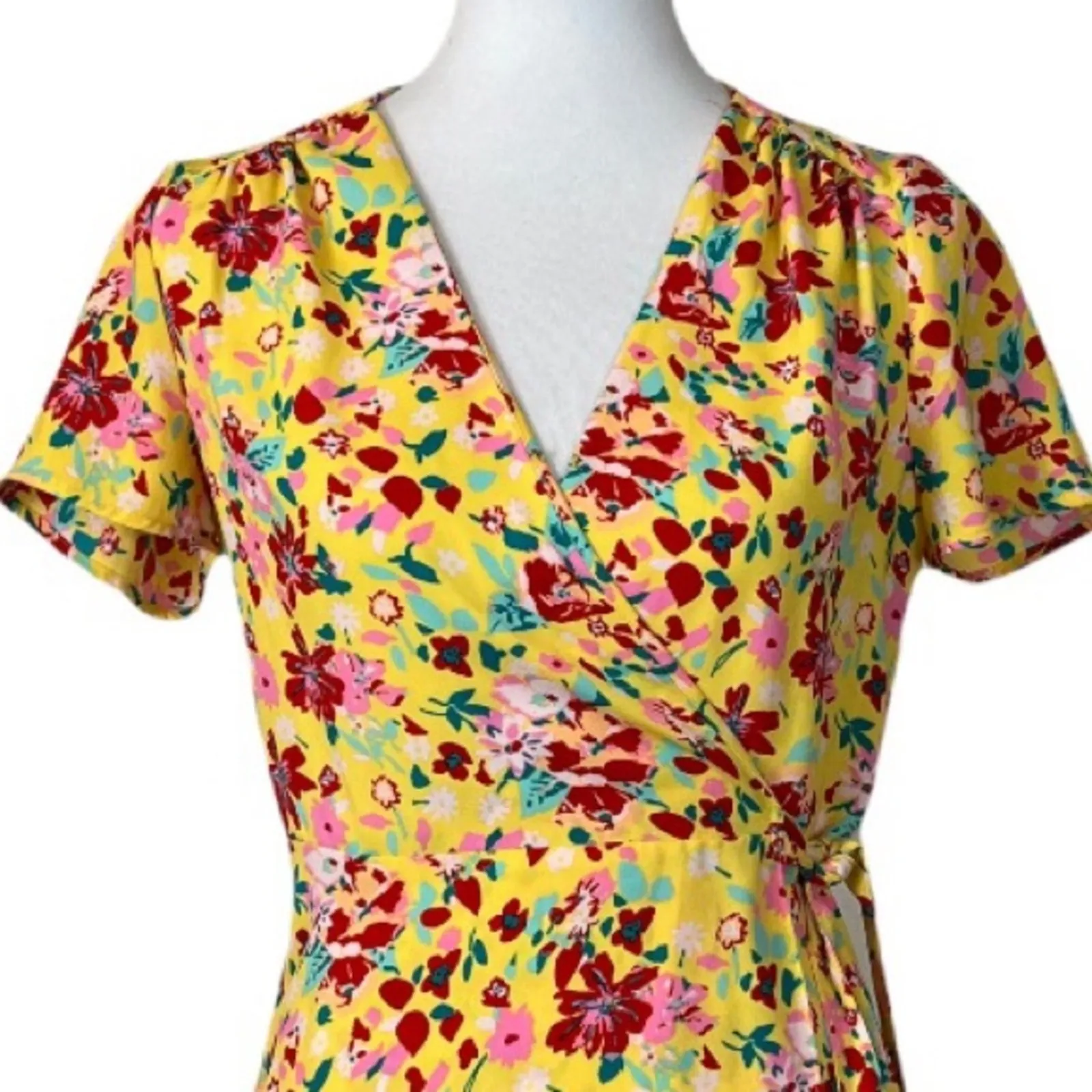 J. Crew Women's Wrap Dress Yellow Pink Floral Short Sleeve Tie Waist Size 0 - Image 7
