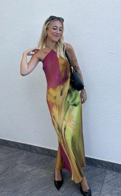 Zara maxi dress one shoulder tie dye satin floral effect party wedding cocktail - Image 5