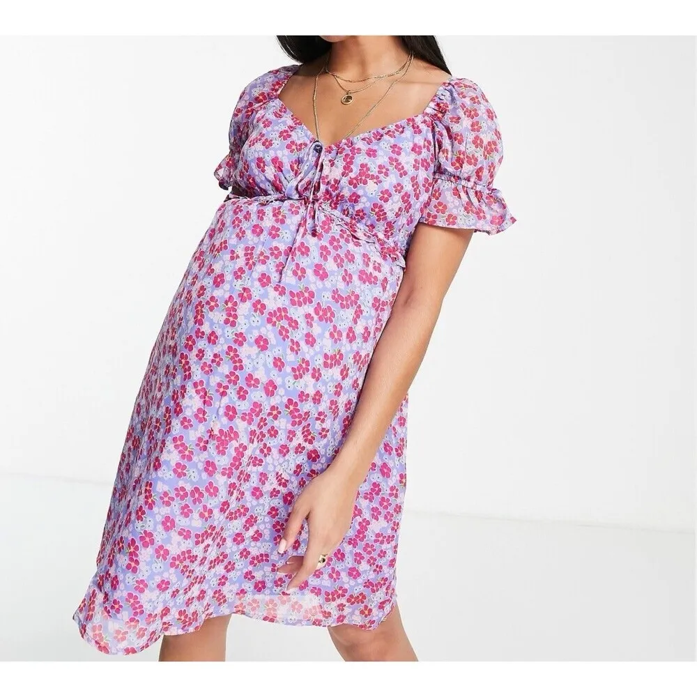 Maternity ruched bust mini short sleeve tea dress in purple floral size M - Image 3