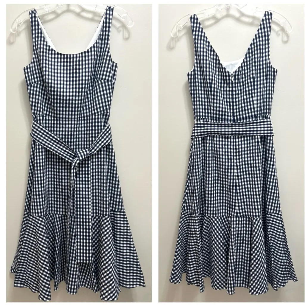 J. Crew Gingham Ruffle Hem Midi Dress Fit & Flare Sleeveless Blue - Image 4