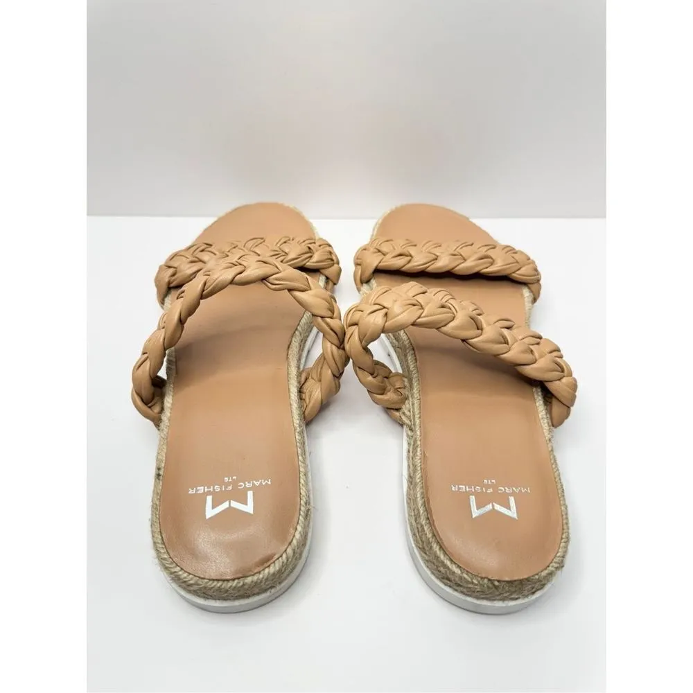 Marc Fisher Sandals Womens Size 7.5 Tan Leather Jaimee‎ Espadrille Slide Shoes - Image 4