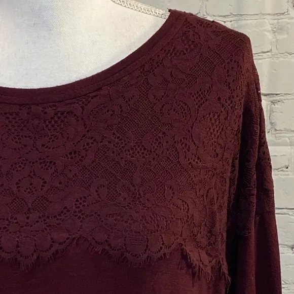 XHILARATION Long Sleeve T-Shirt w Lace Trim and Grommet Lace Up Back Burgundy-XL - Image 2