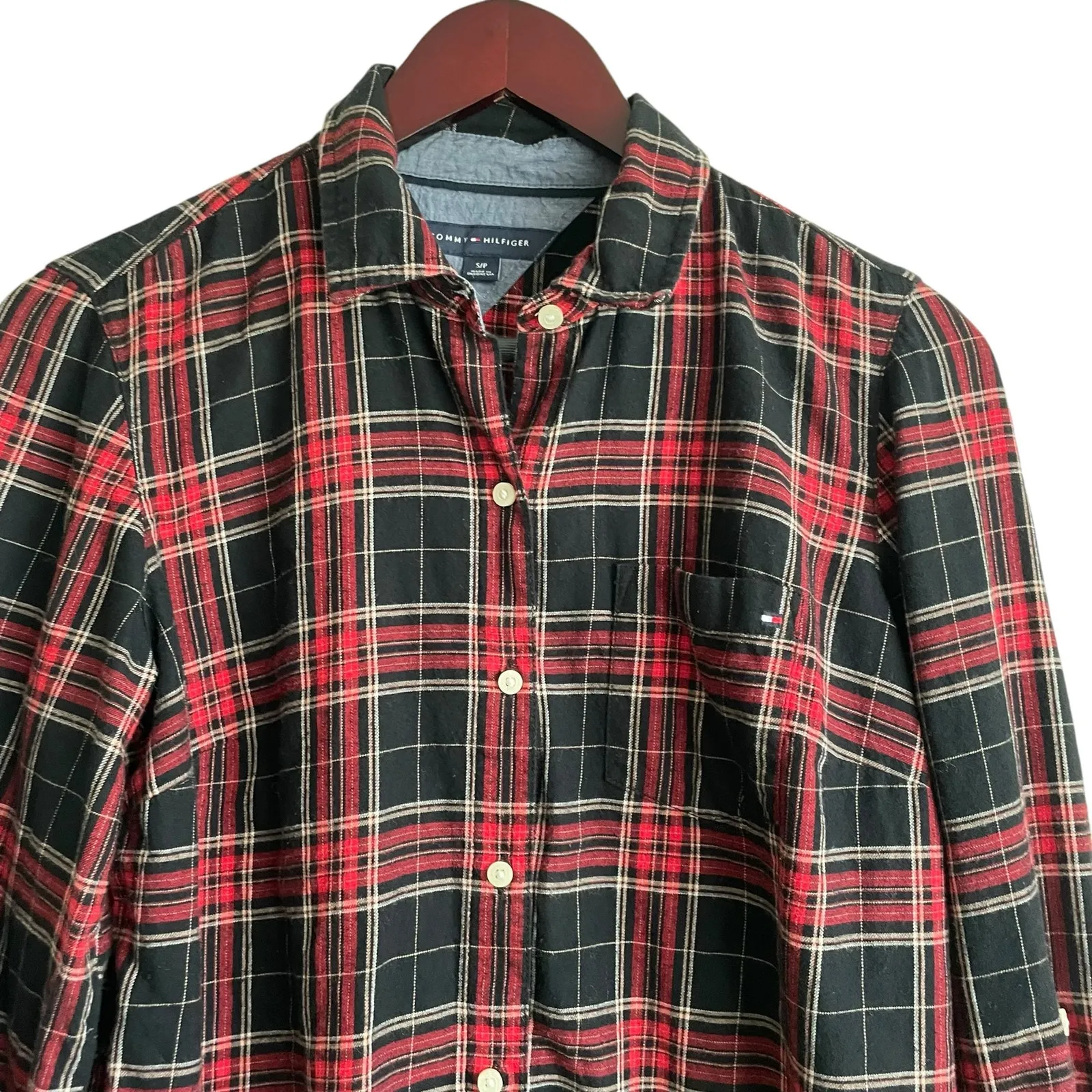 Tommy Hilfiger Women Top S Red Plaid Button Up Preppy‎ Cabincore Grunge Cozy - Image 7