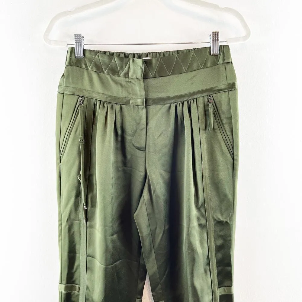 Halston Heritage Satin High Waisted Tapered Leg Joggers Pants Dark Forest Green - Image 4