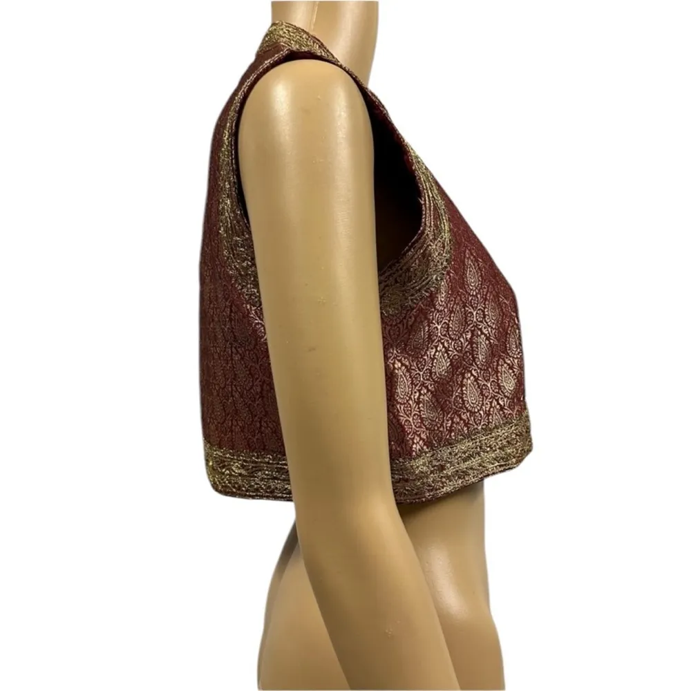 3 Piece Set Red Gold Karta Tunic Thigh Slit Matching Vest and Scarf 32 34 US 2 4 - Image 6