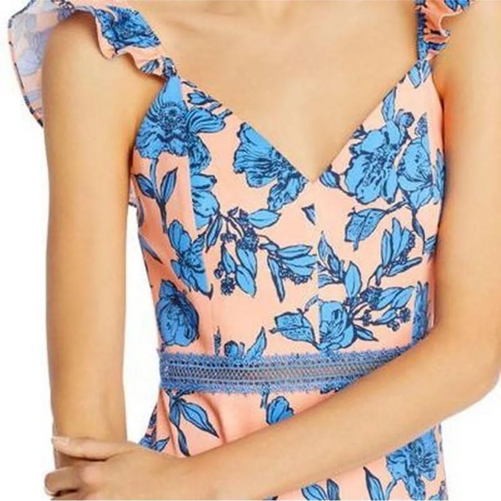 Alice + Olivia Jade Ruffled Floral Midi Dress Coral Blue Lace Illusion Size 12 - Image 3