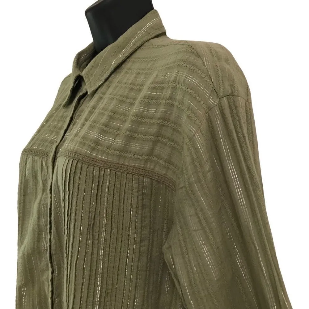 Anthropologie pin tuck moss green & metallic shirt dress S - Image 5