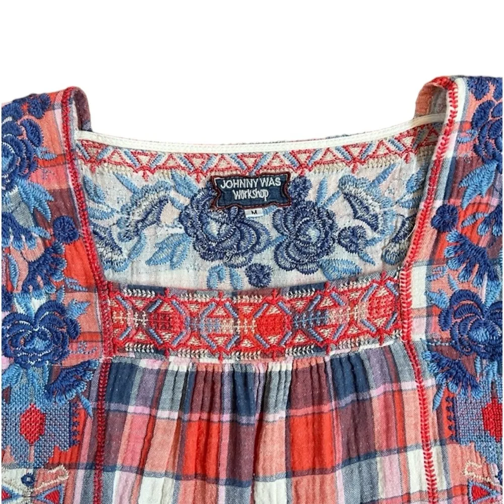 Johnny Was Workshop Zelda Mexican Plaid Embroidered Short Sleeve Red/Blue/White - Image 8