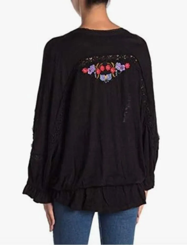Free People Serafina Boho Embroidered Crochet Black Colorful Top Medium - Image 9