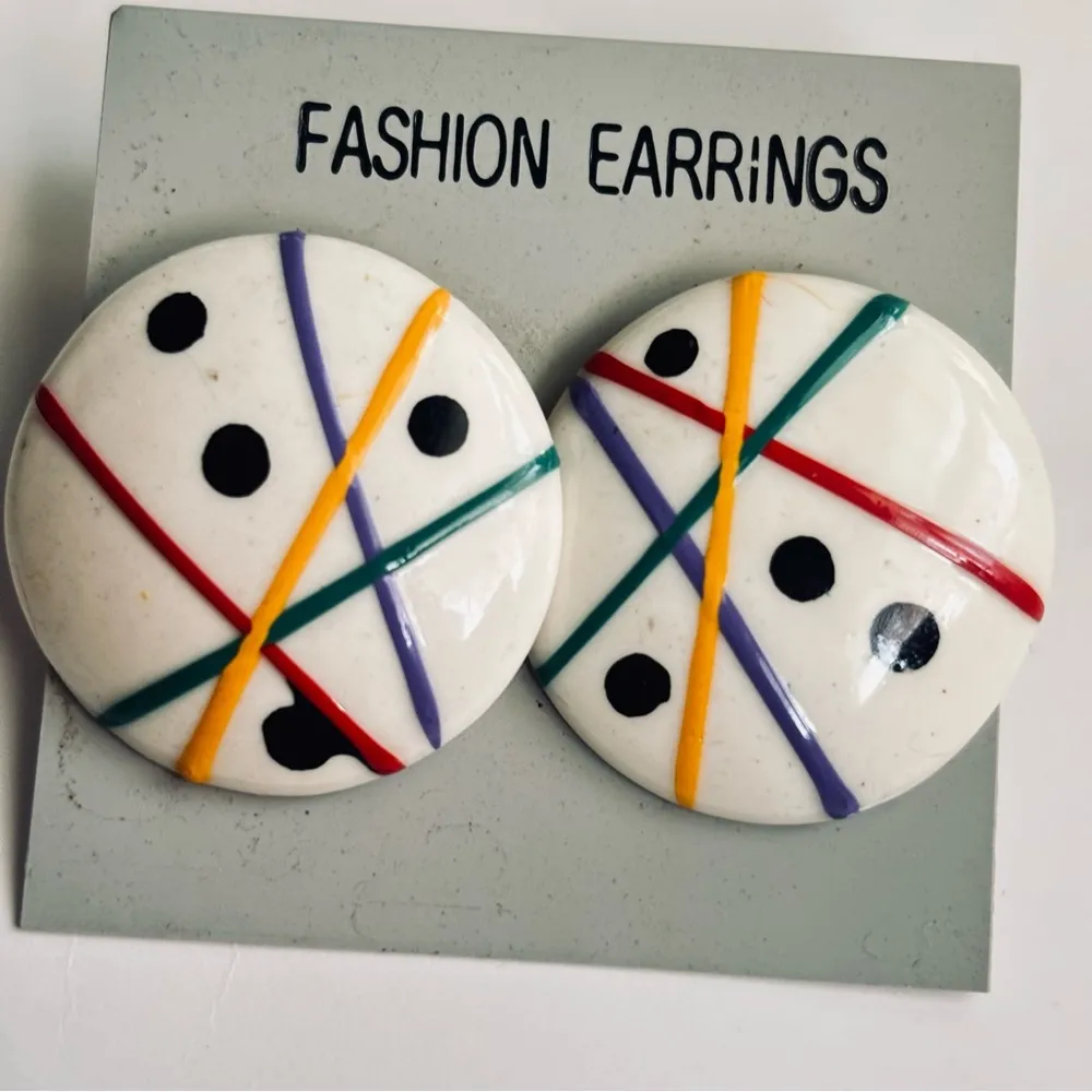 Vintage 80’s Abstract Colorful Round Striped Earrings - Image 2