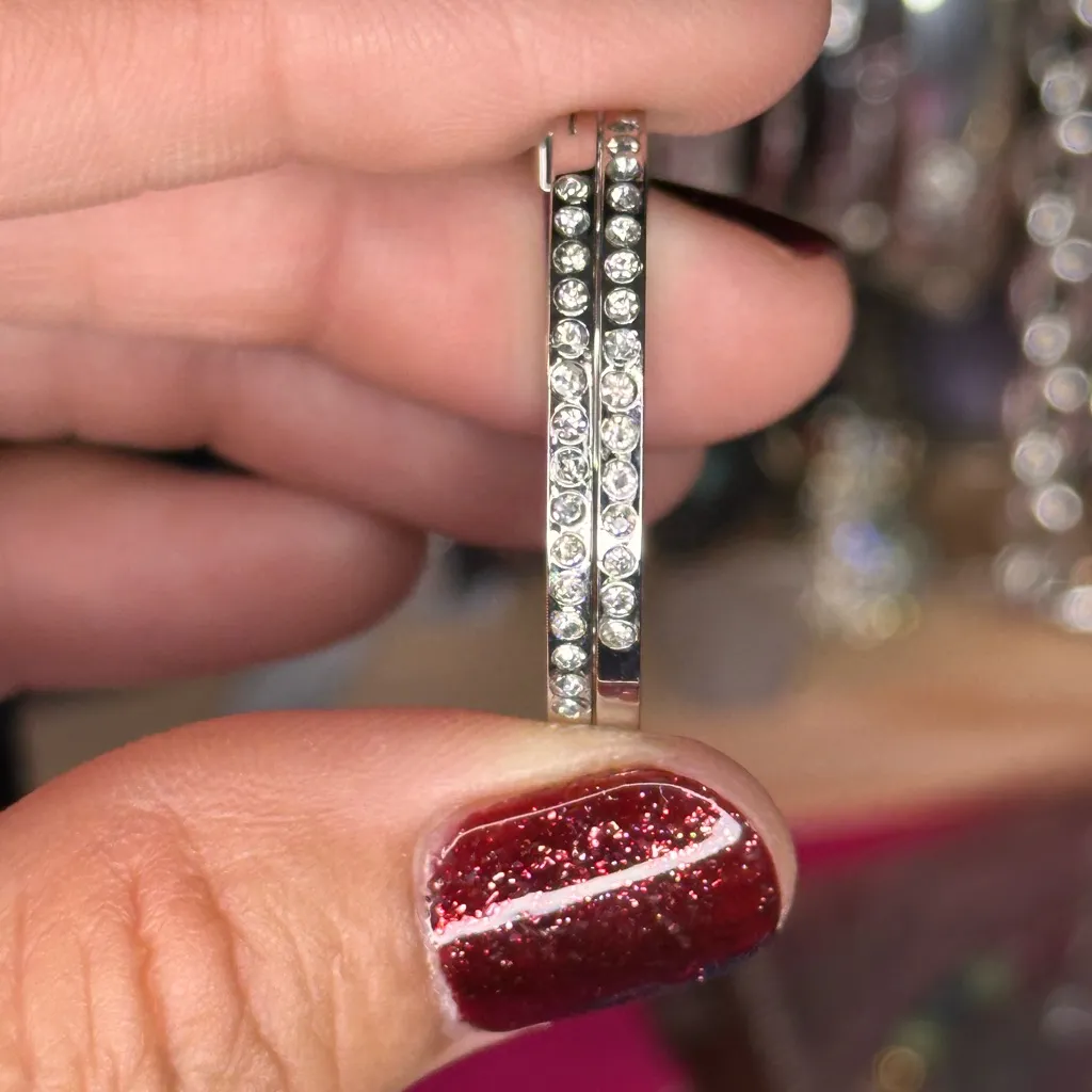 Swarovski Crystal Rhodium Plated Hoop Earrings Sparkling Clear Pavé - Image 7