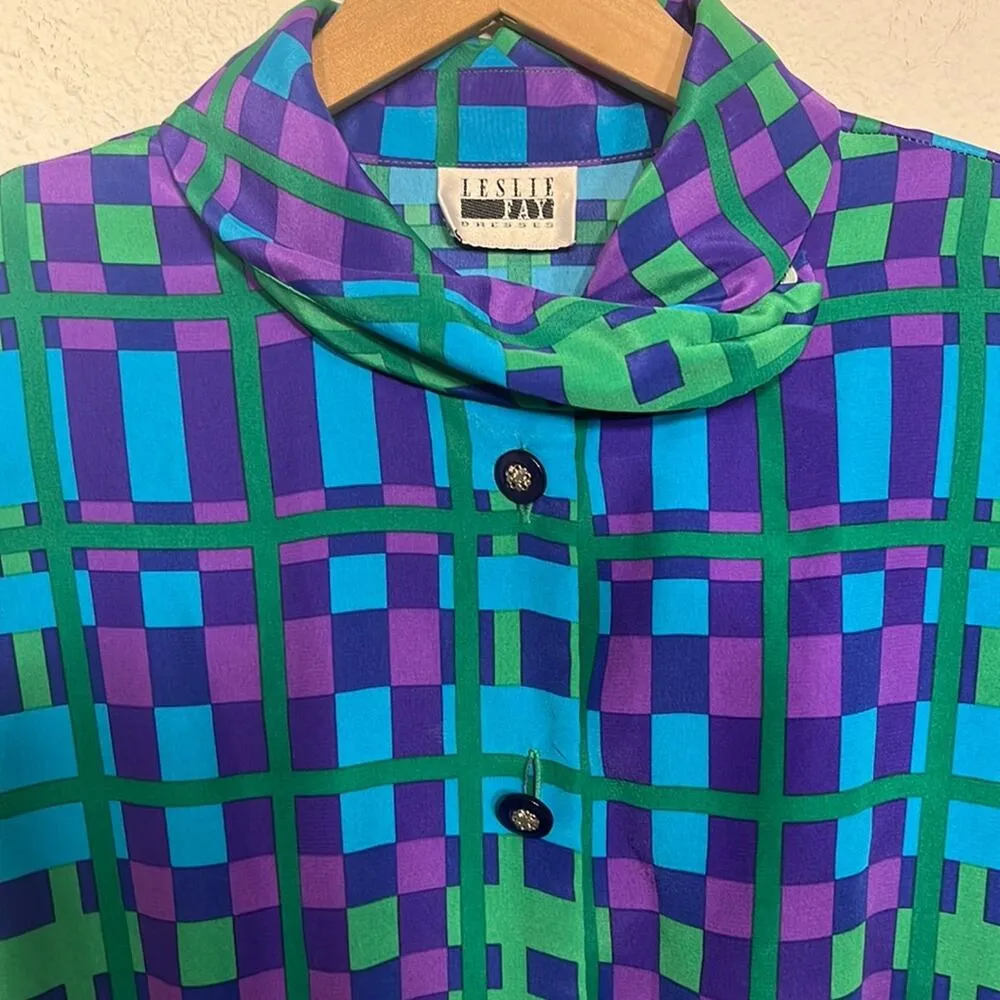 70s Vtg Long Slv Midi Dress Size Large Mock Neck Button Up Funky Pattern Retro - Image 4