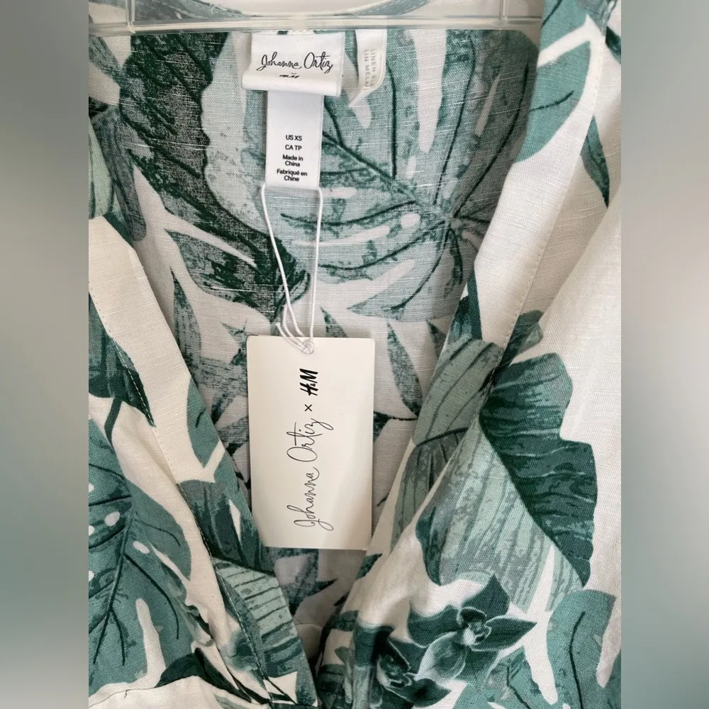 H&M x Johanna Ortiz Green White Linen Leaf Dress - Image 11