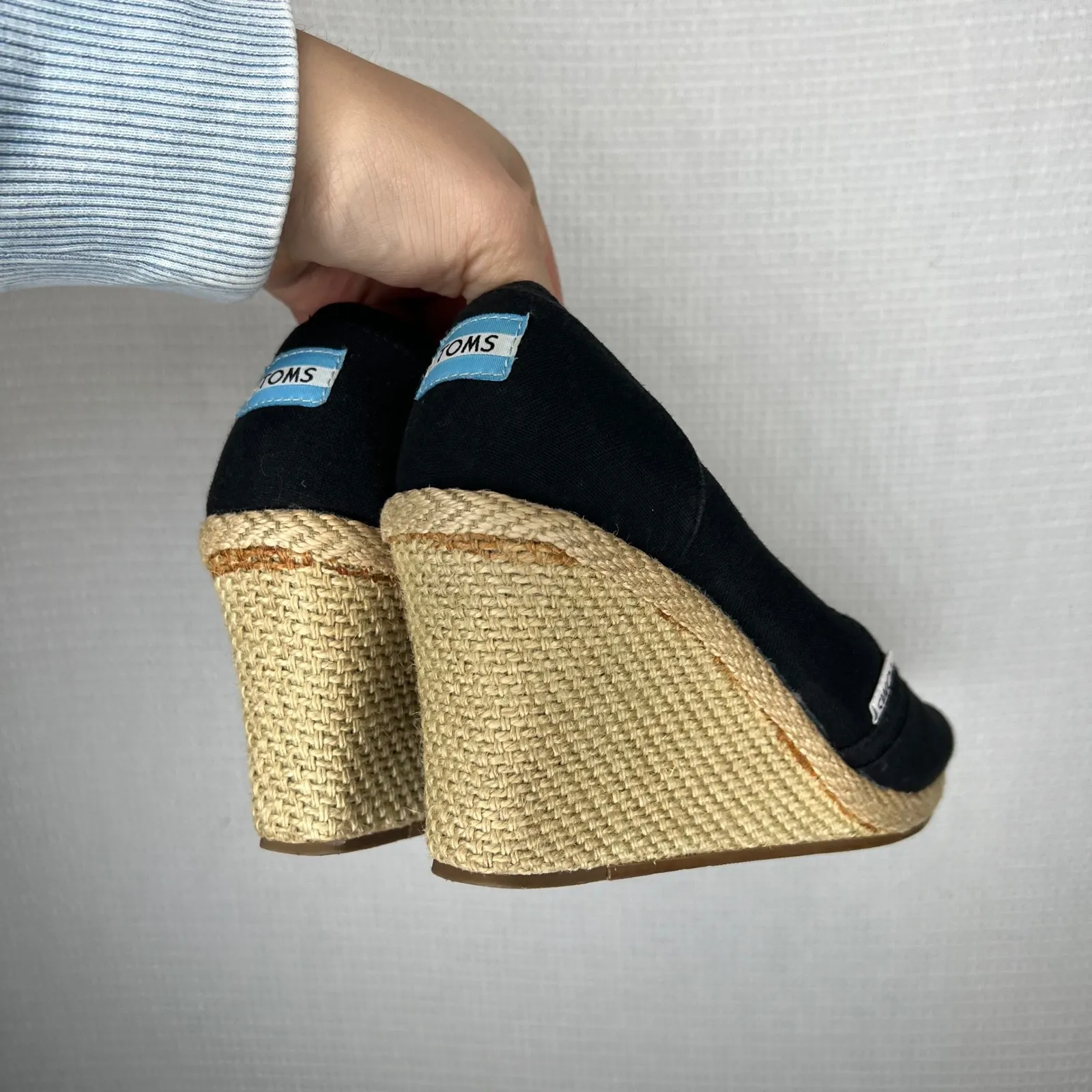 TOMS Black Canvas Peep‎ Toe Wedge Espadrille Shoes Women's Size 9.5 - Image 3