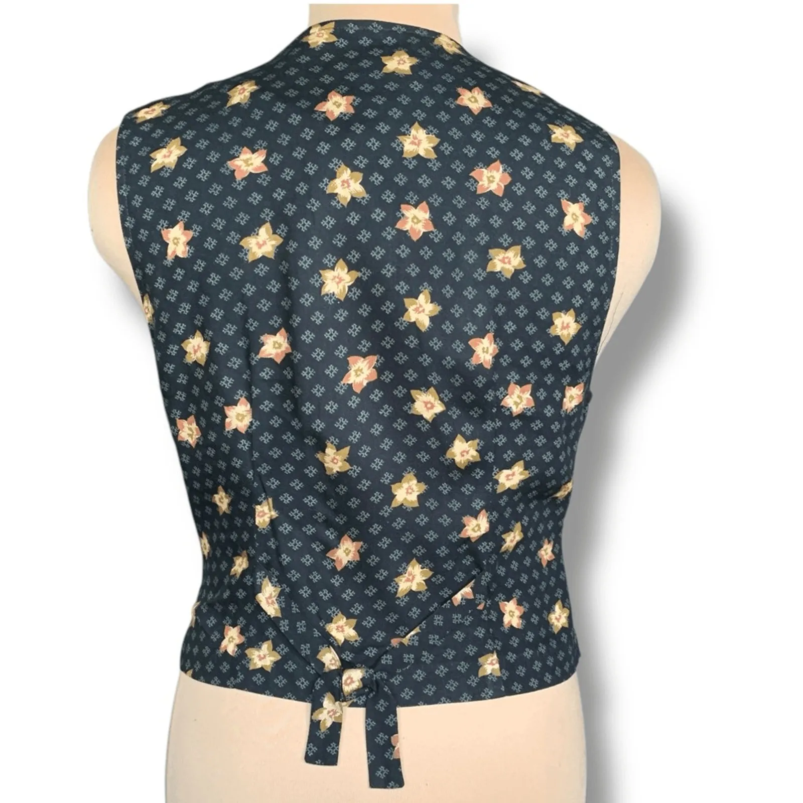 Vintage 90s Black Floral Suit Vest Button Front Adjustable Tie Back Cottage Size 10 - Image 3