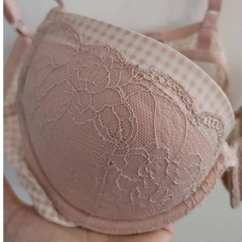 Emporio Armani Padded Push-Up Floral Lace Gingham Bra Tan 34B - Image 9