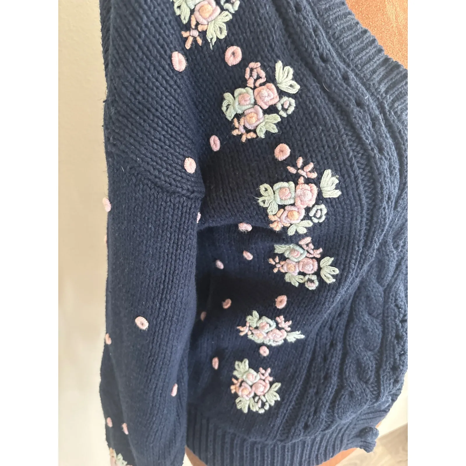 Vintage Marquise Navy Blue Cable Knit Floral Embroidered Cardigan Sweater M Size M - Image 3