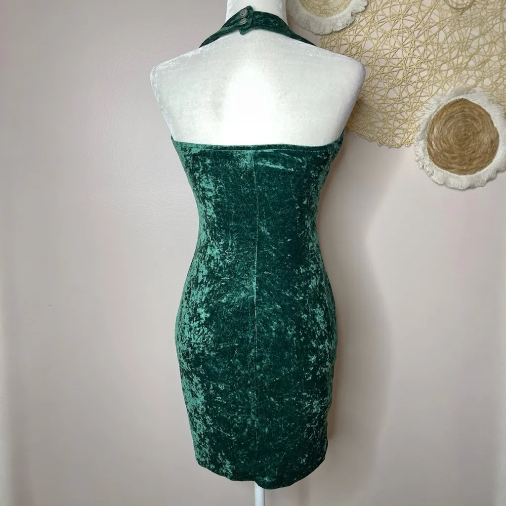 90s Vintage All That Jazz Crushed Velvet Halter Mini Dress (green) - medium - Image 3