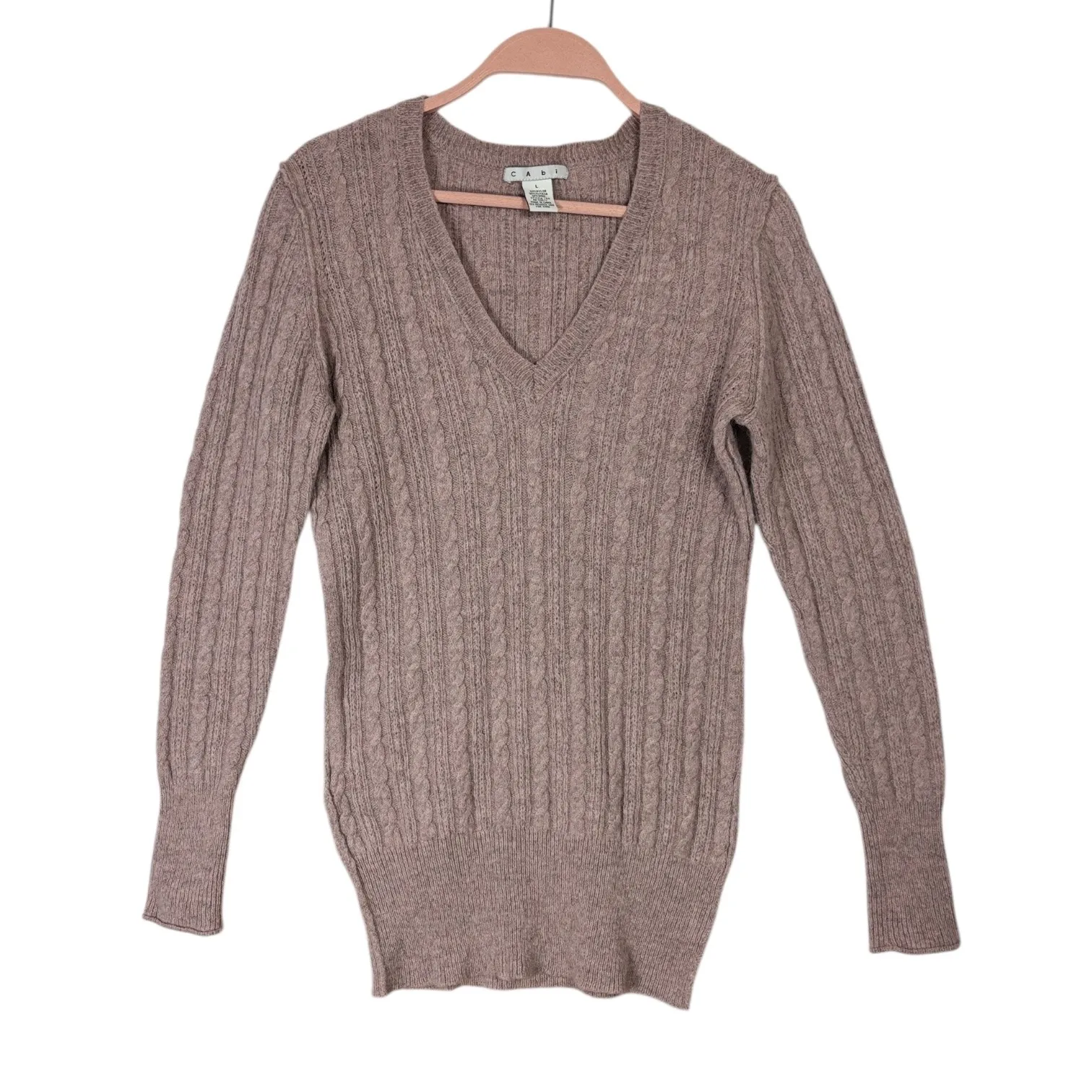 Cabi Cable Knit V Neck Sweater Dusty Rose Alpaca Wool Long Sleeve Sz L Warm Soft - Image 2