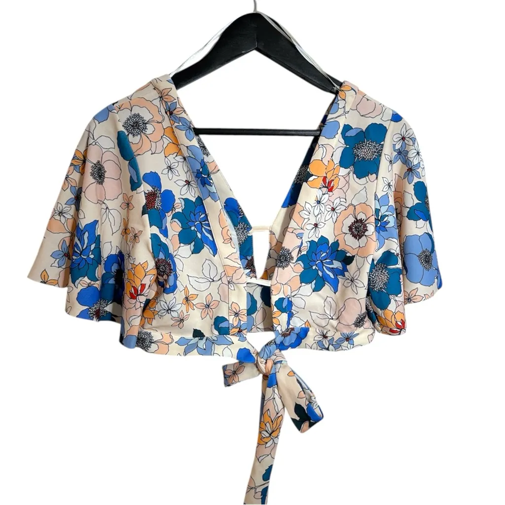 Zara Floral Tie Crop Top Blue Peach Print Flutter Sleeve Medium Blogger Fav - Image 6