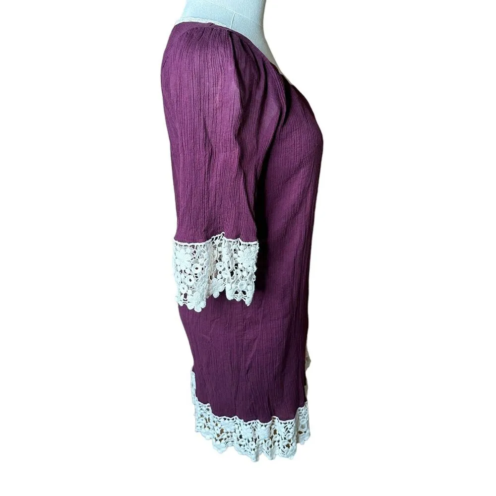UMGEE Dark Purple Cream Lace Crochet Trim Boho Cotton Blend Gauzy Tunic Dress - Image 7