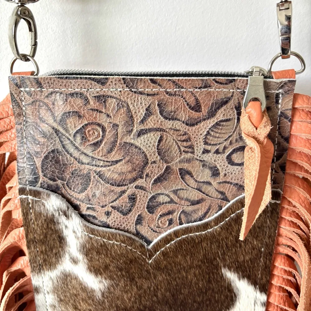 Dancing Cactus Designs Western Style Crossbody Purse Cowhide Leather Pink Fringe - Image 4