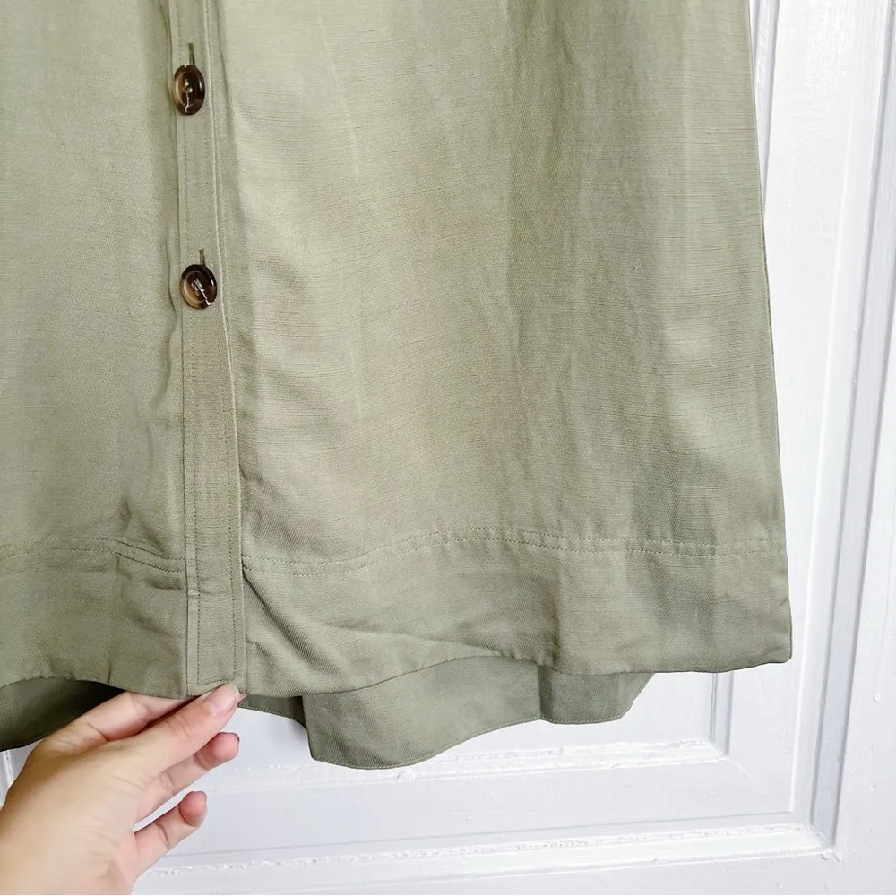 REISS • Emma Plunge Frill Shoulder Dress green midi button front tie waist belt - Image 9