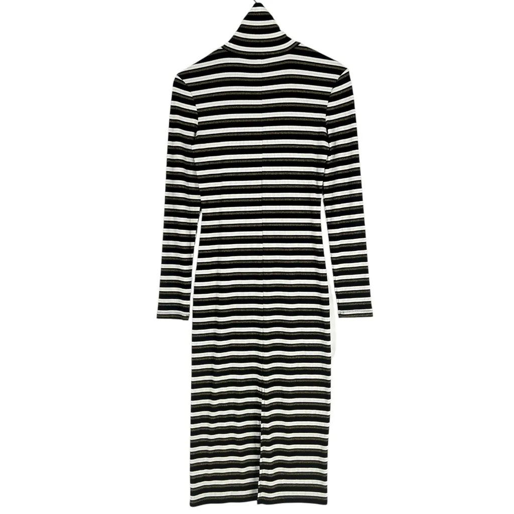 NSR Metallic Striped Ribbed Turtleneck Midi Dress Long Sleeve Stretch Size S Black - Image 2