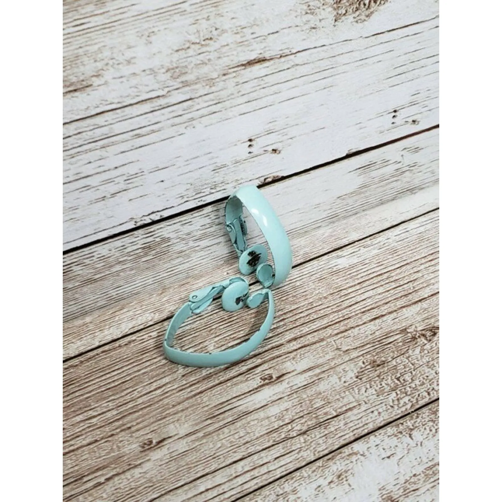 Vintage Clip On Earrings 1" Aqua Blue Elongated Folded Hoop Retro - Image 15