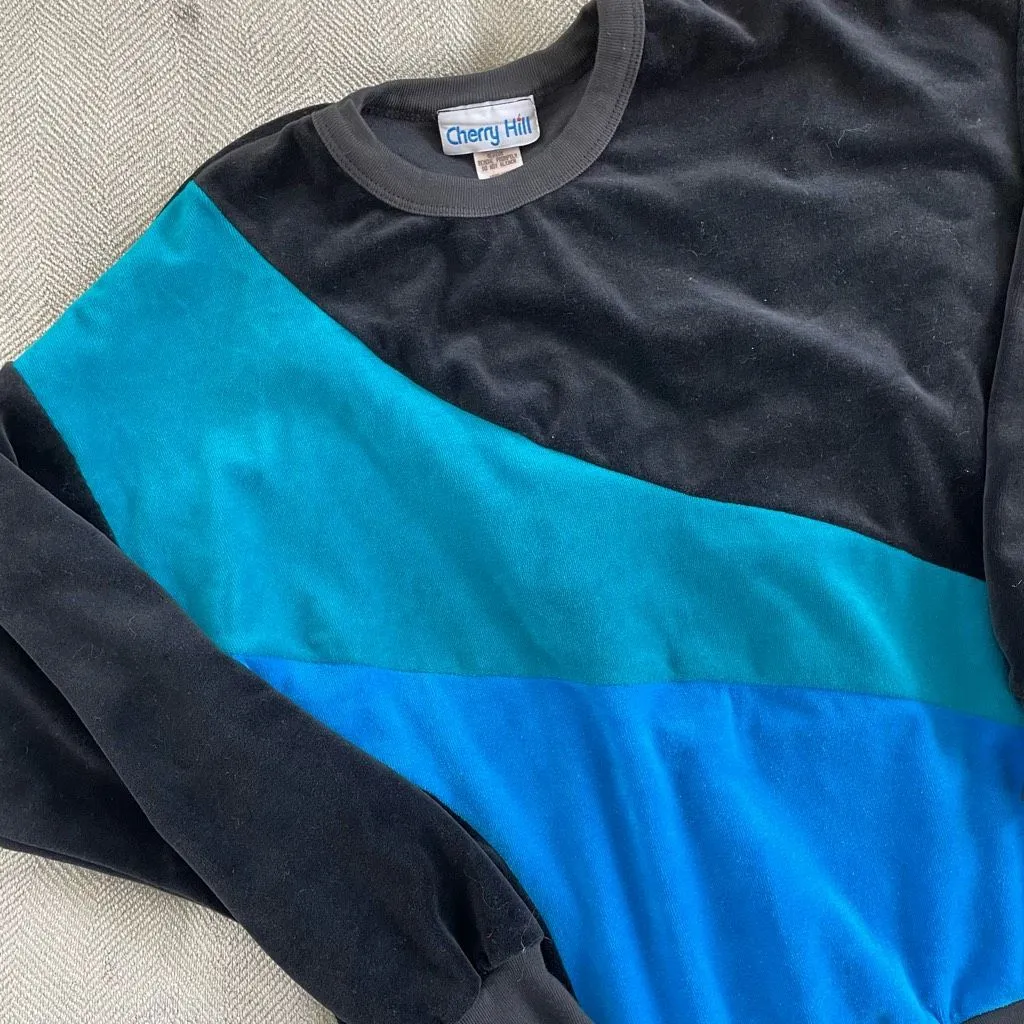 Vintage 80s Cherry Hill Abstract Velour Track Suit Sweatshirt Pants Set Black Bl Size M - Image 4