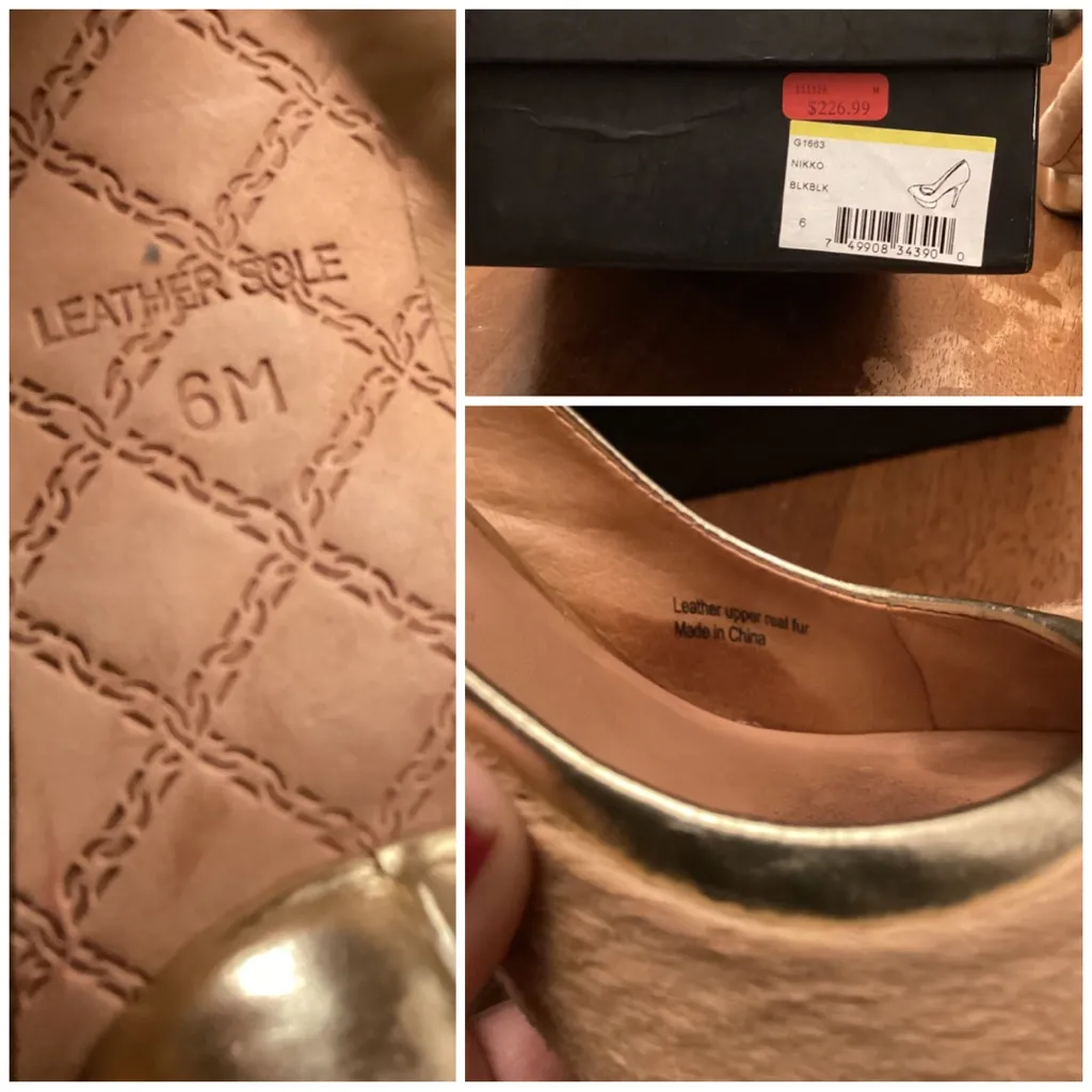 L.A.M.B. BEIGE & GOLD FUR & LEATHER "NIKKO" PLATFORM STILETTO HEELS (6M) - Image 12