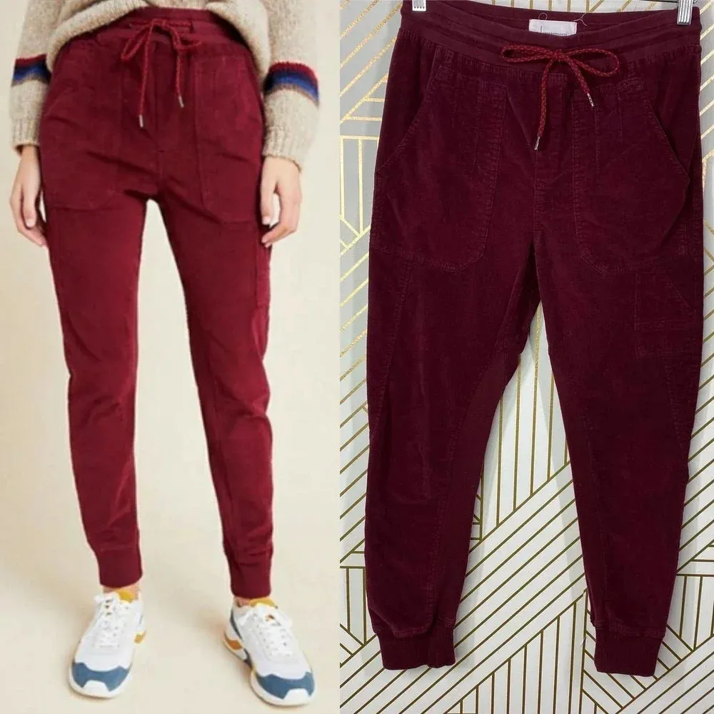 Anthropologie Leigh Jogger Pants Drawstring Corduroy Maroon Burgundy Red Size XS - Image 2