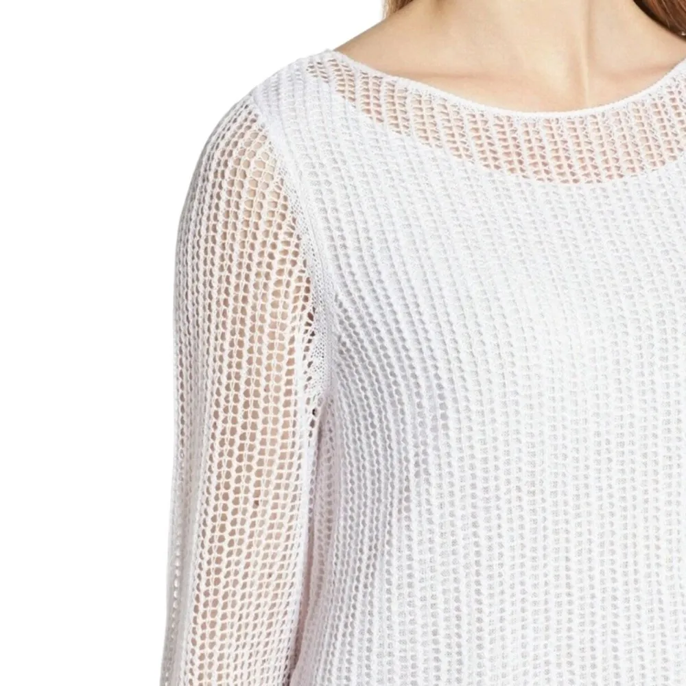 Eileen Fisher Linen Knit Mesh Overlay Tiered Layered Sweater Top White Size XXS - Image 4