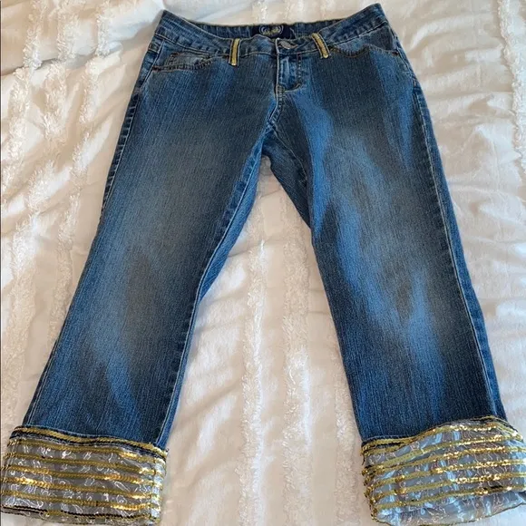 Embellished Blue Jeans with Gold Accents Size 2 - Image 2