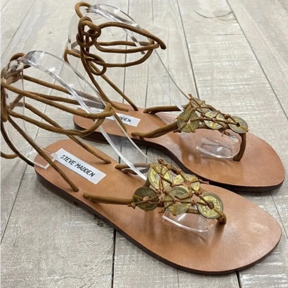 NEW! STEVE MADDEN Jerry Coin Embellished Brown Leather Ankle Wrap Sandals Size 8 - Image 3