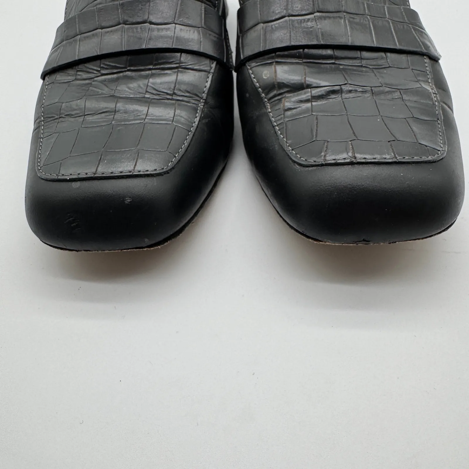 M Gemi Gray Black Croc Embossed Leather Loafer Block Heels Made in Italy Size 40 - Image 5