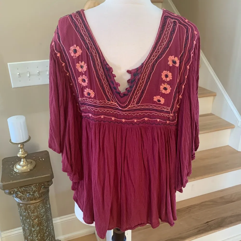Japna Flowy Top Hippie Boho Shirt Maroon Embroidered Womens M Batwing Dohlman - Image 4