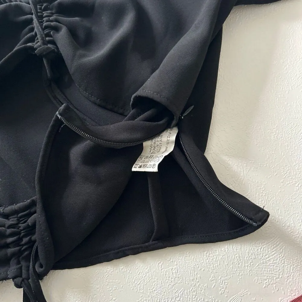 ZARA Black Ruched Tie-Front Long Sleeve Crop Top | Adjustable Drawstring | Size - Image 4