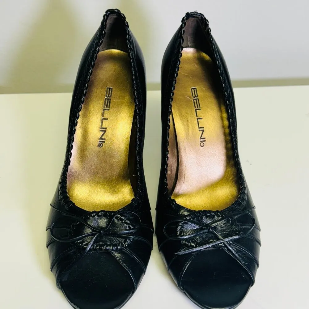 BELLINI SIZE 7 Black PATENT LEATHER OPEN TOE TRIM BOW DETAIL STITCHING PLEATED - Image 2