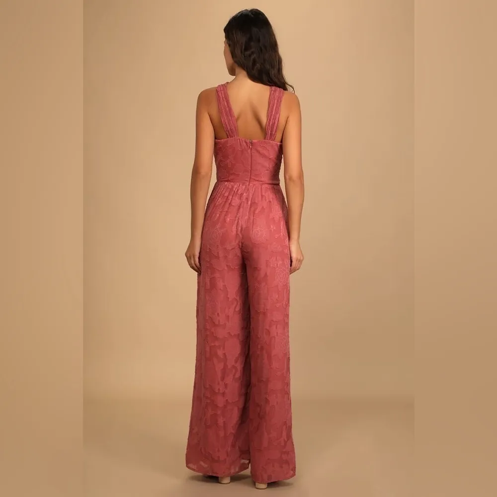 Lulus Lovely Celebration Floral Burnout Chiffon Jumpsuit deep Rose size Medium - Image 7