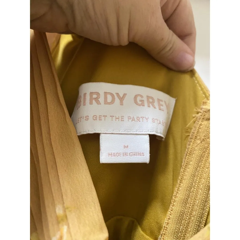 Birdy Grey Dress Womens Medium Yellow Floral Ruffle Sleeve Midi Bridesmaid Lined - Image 3