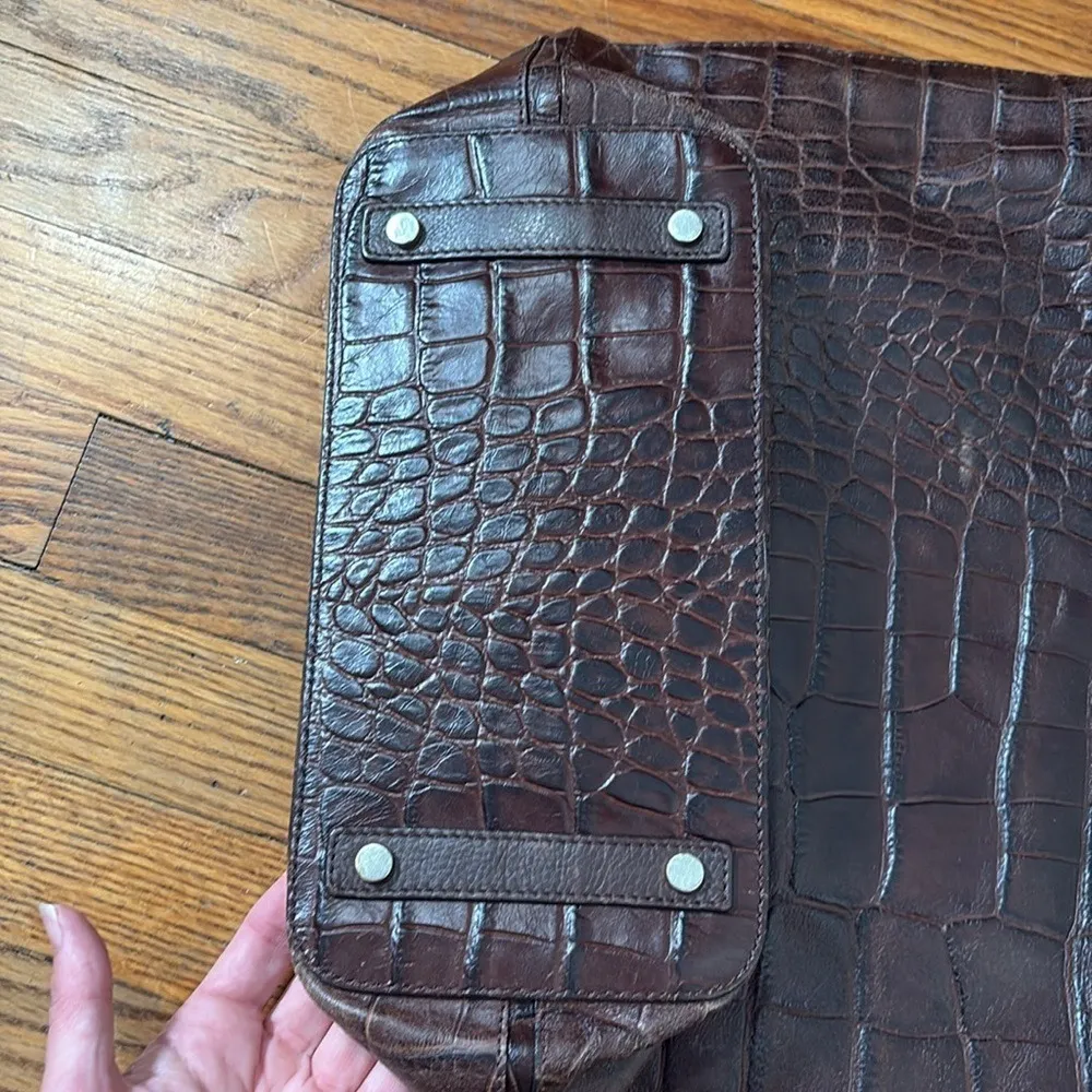 Massimo Dutti Cinch Closure Leather Shoulder Bag‎ Crocodile Texture Brown - Image 7